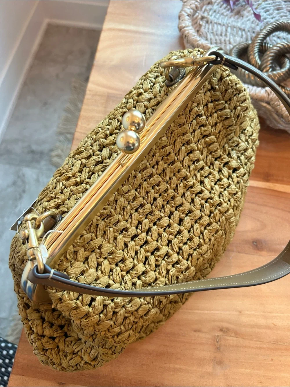 NWT Coach Kisslock Frame Bag 27 Brass Muted Olive Raffia - Picture 4 of 10